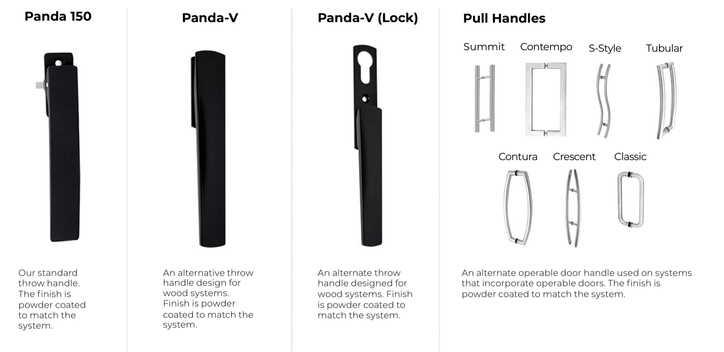 Different types of handles available for our HSW sliding glass door design.
