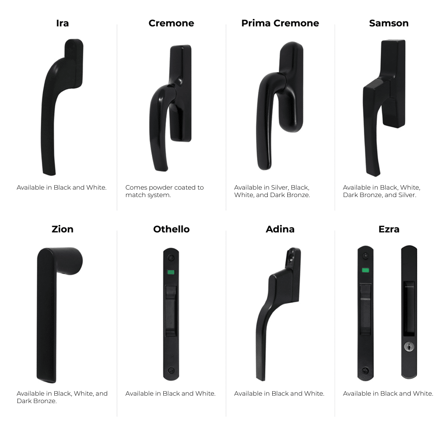 Different types of handles available for our Operable Windows design.